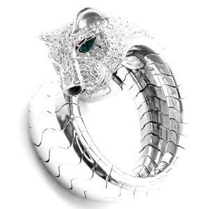 Authentic! Cartier Panther 18k White Gold Diamond Emerald Onyx Band Ring Cert.